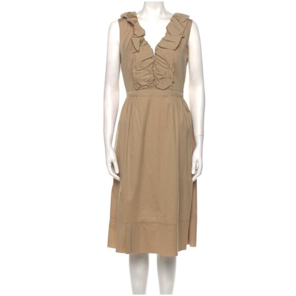 Prada Tan Ruffle V-Neck Sleeveless Sheath Side Zipped Dress Size Small (40) - Picture 1 of 12